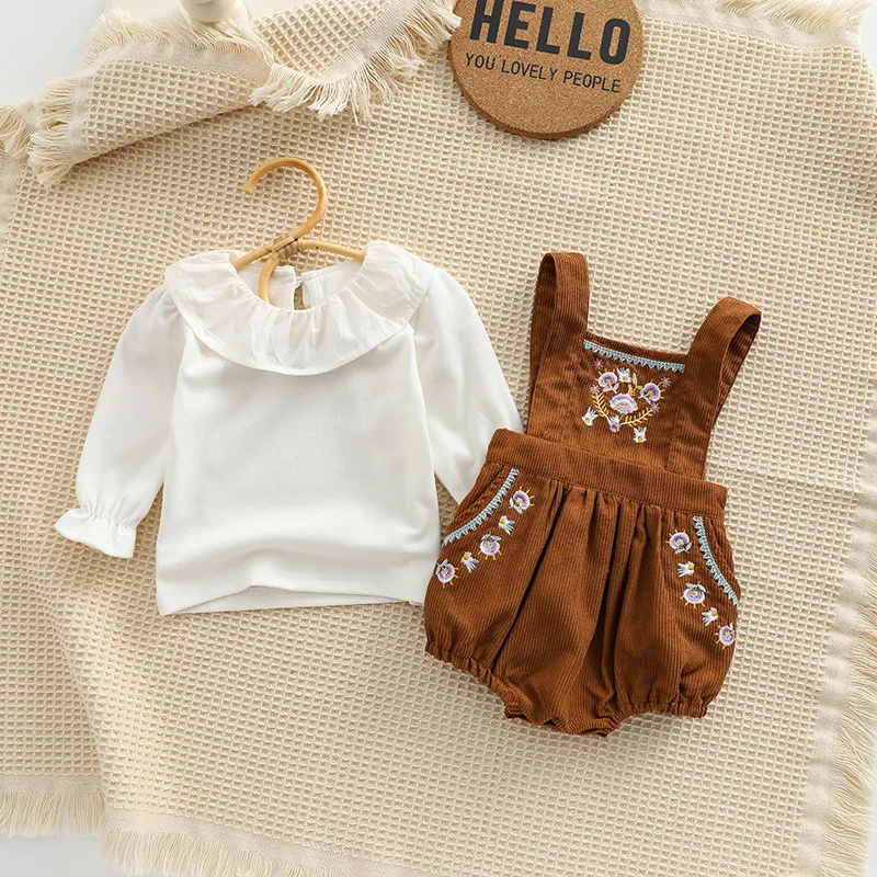 2025 Ins Korean Version Girls' Baby Versatile Base Shirt+embroidered Corduroy Shoulder Strap Two-piece Set