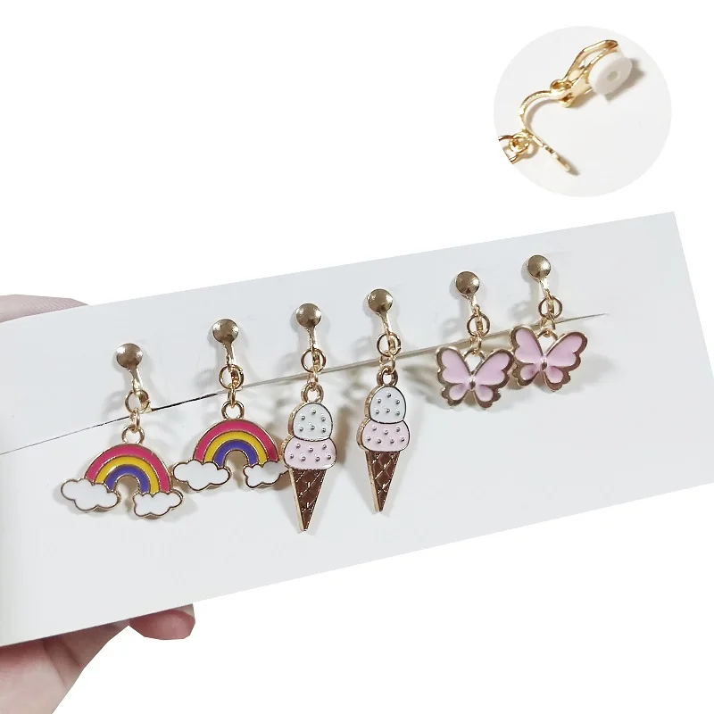 3pairs/set Cartoon Earrings For Kids Cute Animals Clip Earrings Girls Gift Rainbow Ice Cream Butterfly Rabbit Earring