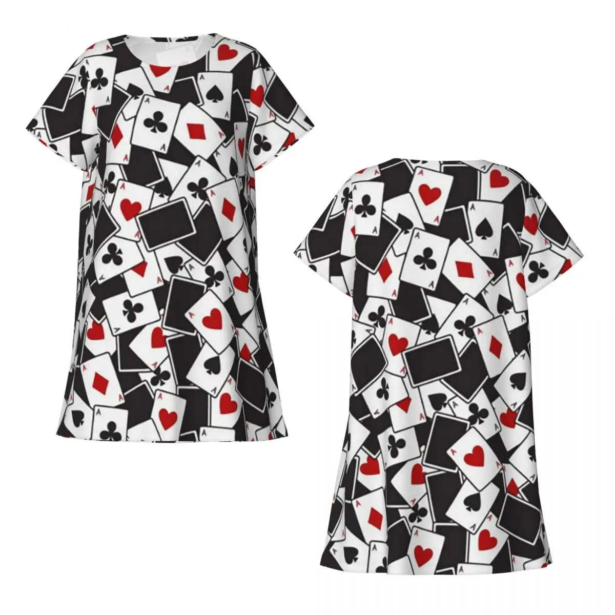 Playing Cards Poker Print Short Sleeves Nightdress For Sleeping Sleepshirts Women Short Sleeve Nightgowns Loose Pajama Dress