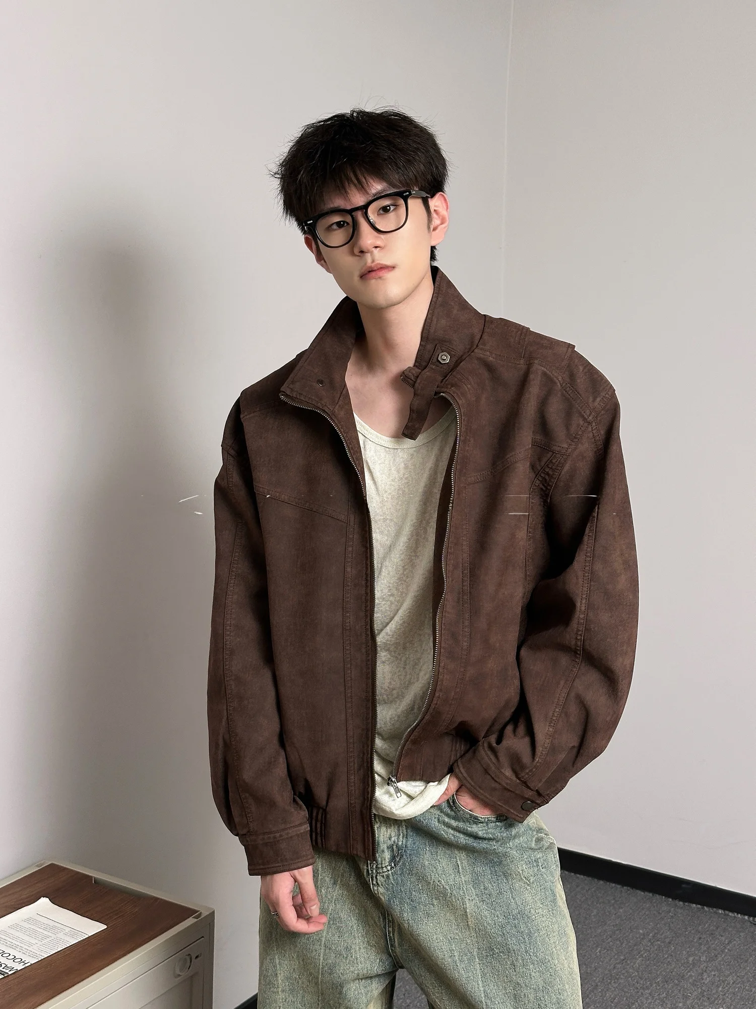 

XWINNER American Sle Waed Suede Jaet ort Stand Collar Outerwear Loose Fit Long Sve Zipper Closure Youth Casual Coat