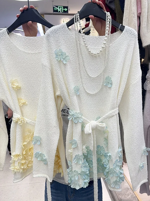 

Sweet Three-dimensional Flower Tie Waist Cinching Long Sleeved Sweater Medium Length Knitted 2025 Women's Autumn New Style Top