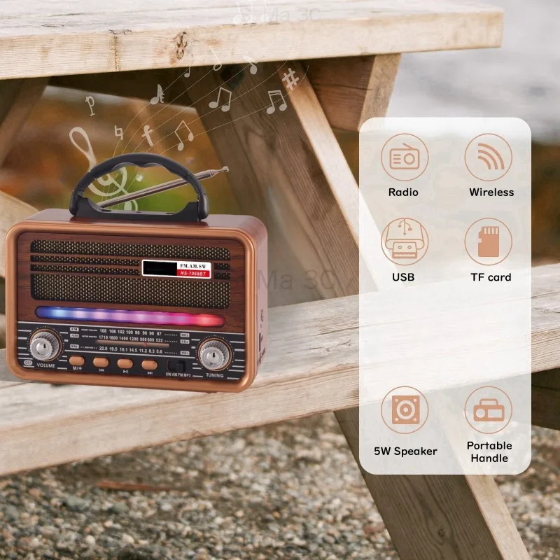 Mini Vintage Radio Bezprzewodowe Przenośne Wzmocnienie Basów Wbudowane Głośniki Hd Odtwarzacz Mp3 Radio Fm Dysk U Karta TF Głośnik Bluetooth