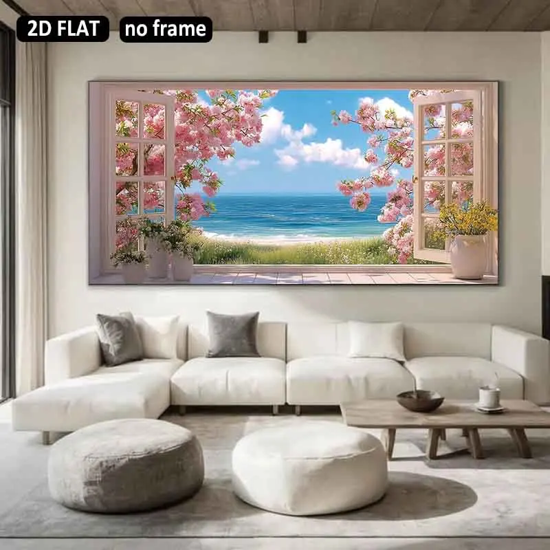 [2D Flat]1pc 23.6X47.2in 60cmX120cm UnFramed Modern Art Decoration Cherry Blossom Beach Scene