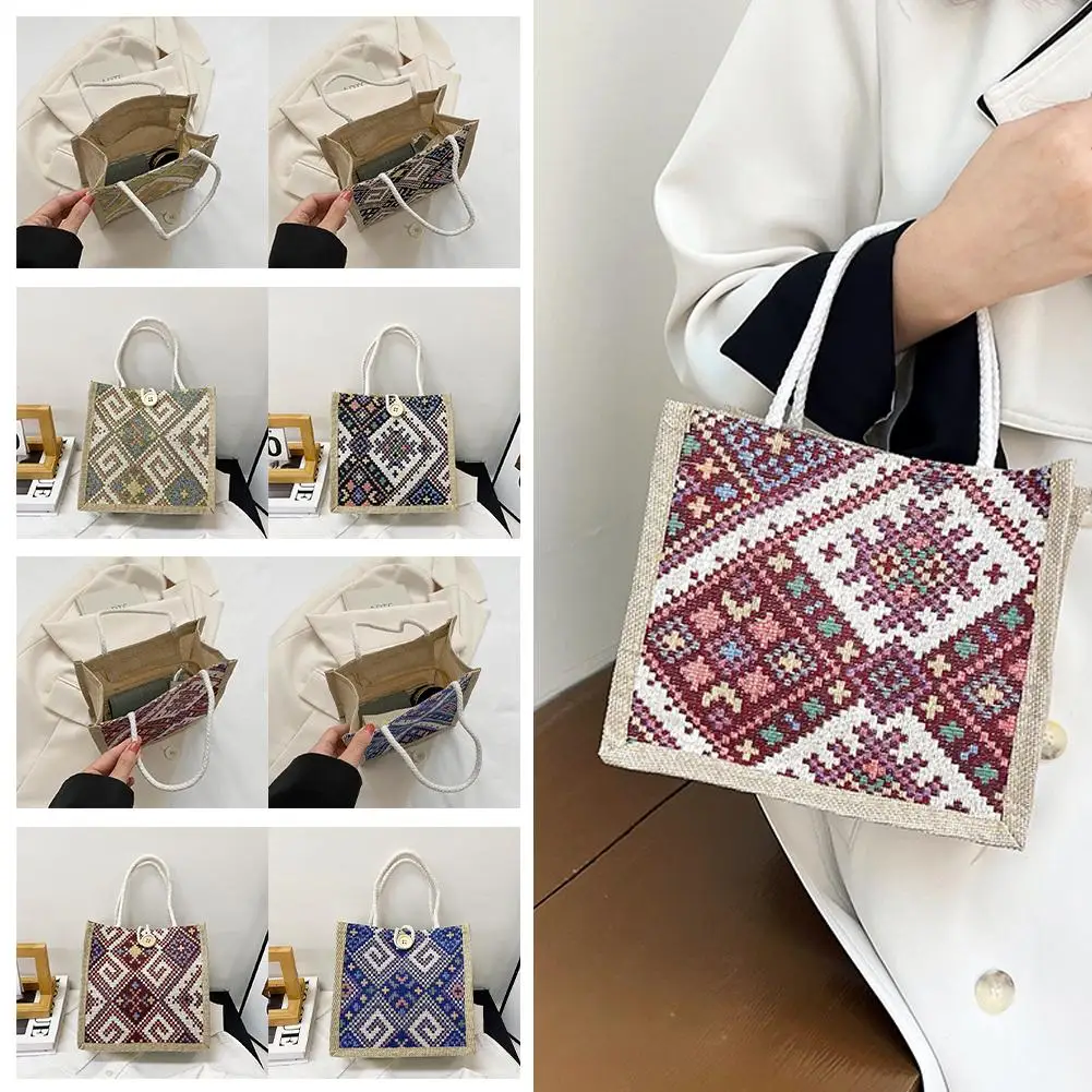 

National Style Canvas Bag Female Summer New Fashion Bag Out Go Bento Carrying Linen Carrying Box Hand Lunch Mommy Bag J0U6