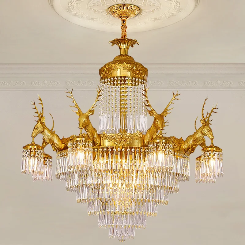 European Rococo Style Dinning Room Brass Pendant Lamp French High Ceiling Deer Decorative Crystal Shade Copper Chandelier