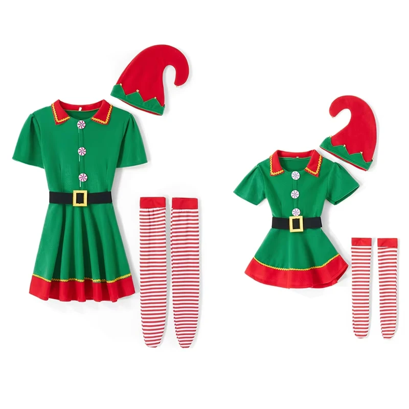 

Christmas Elf Costume for Parents and Child Short Sleeve Dress Pants over the Kneel with Hat Belt Socks Xmas Costume