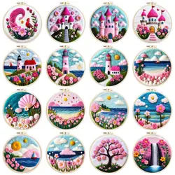 CHENISTORY Needle Felt Starter Set Wool Painting Pink Landscape Set Includes Wool Bag Felting Needles Foam Pad Felt Cloth Diy