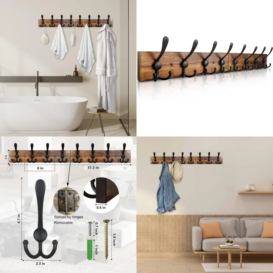 

Настенная вешалка для одежды 31,5 дюйма, коричневые крючки для одежды в деревенском стиле для ванной комнаты и гостиной, настенные вешалки для полотенец и хранения шляп