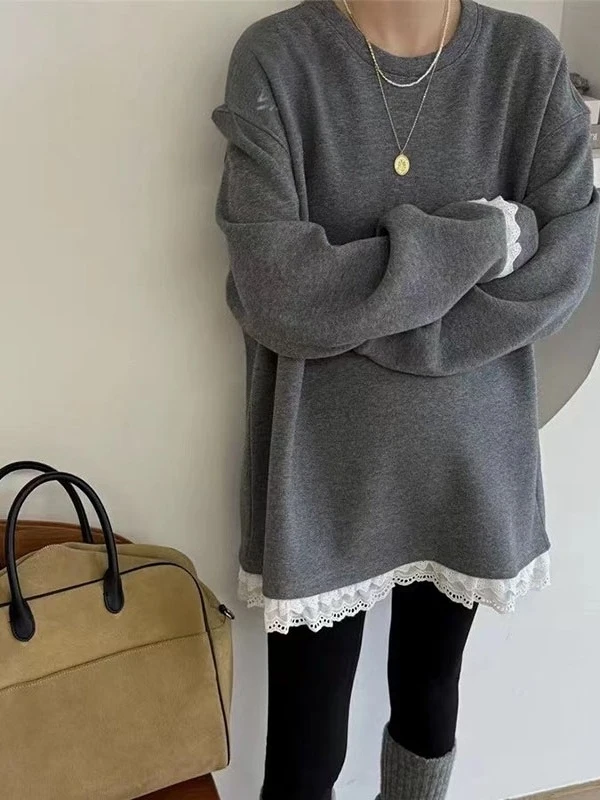 Coreano japonês marca renda guarnição splice feminino meados de comprimento camiseta bunda cobrindo preguiçoso sle suor solto ajuste longo sve