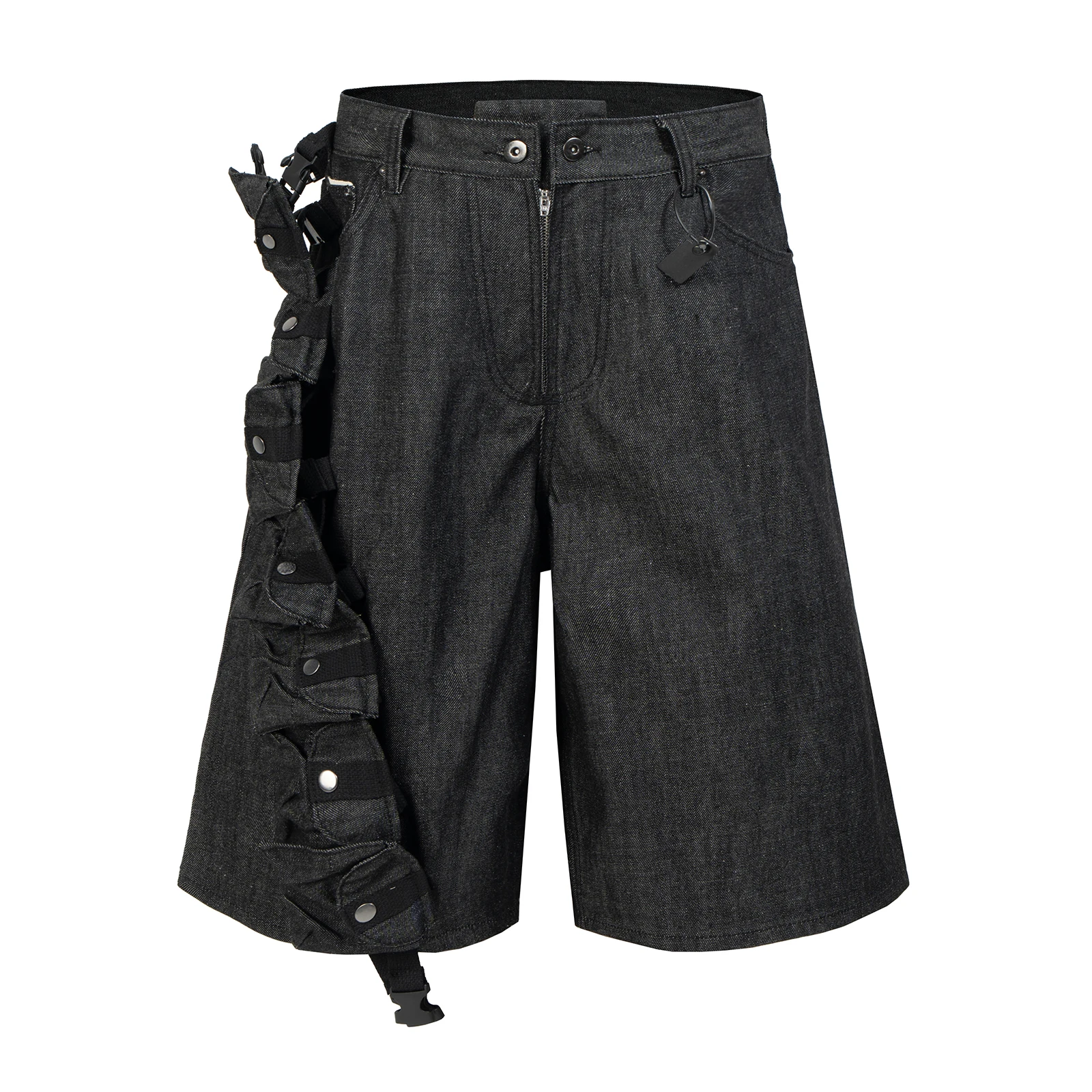 Vintage Men's Black Denim Cargo Shorts Side Strap Buckle Pockets Pleated Wide Leg Streetwear Knee-Length Casual Jeans Short