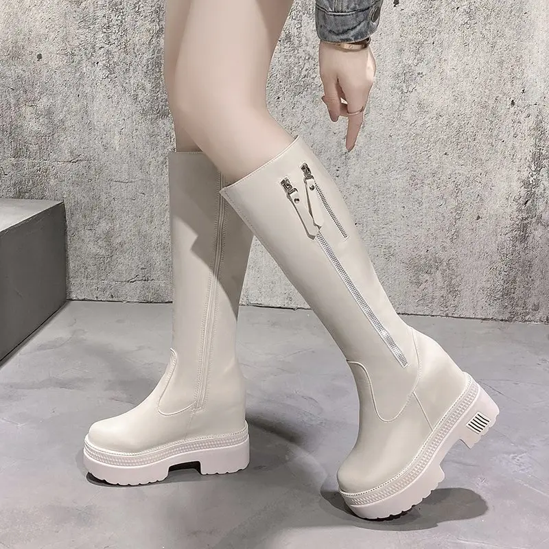 Women Chunky Platform Knee- High Boots Fashion Retro Punk Height Increasing Long Boots Woman 10cm Women Autumn Winter Booties