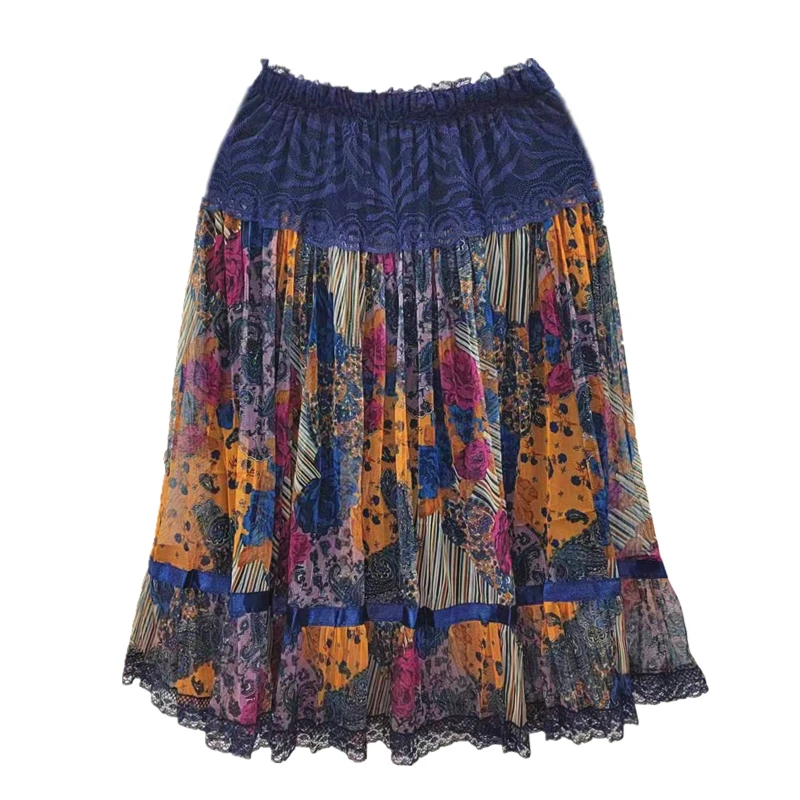 Vintage Casual Pleated Grace Lace Skirts Lithe Soft Stretchy 2024 Fashion Women Large Size Print Bohemia Medium Beautiful Lady