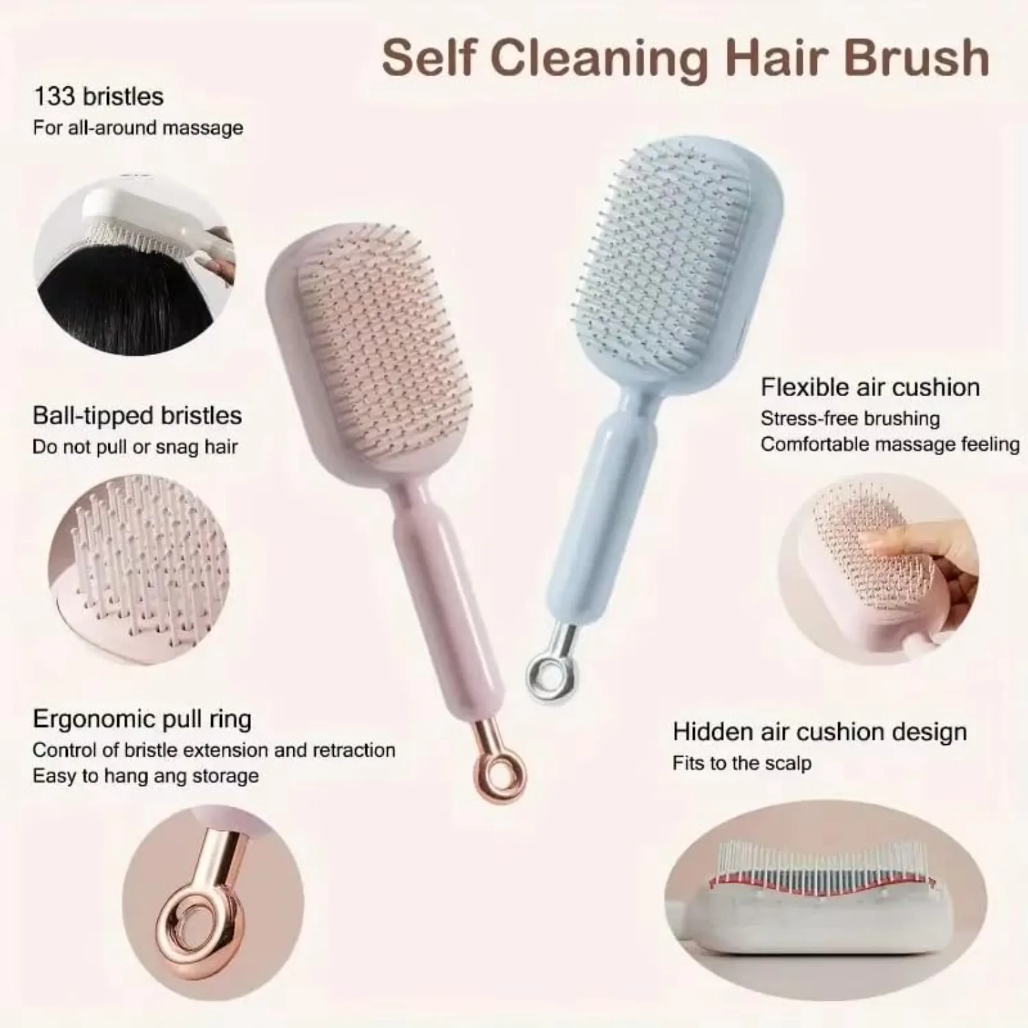Self-Cleaning Anti-Static Cushion Massage Comb - Retractable Bristles for All Hair Types Scalp Care Styling Tool Portable Design