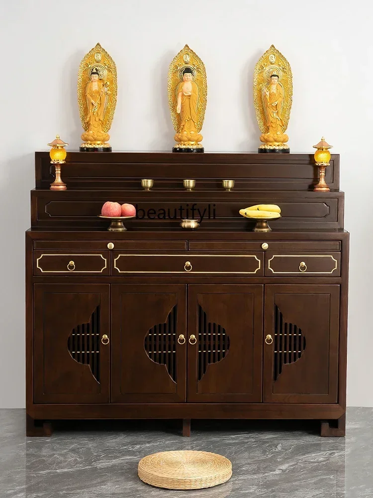 lt Table for household use Chinese solid wood with cabinet Tibetan three-layer modern light luxury Buddha table