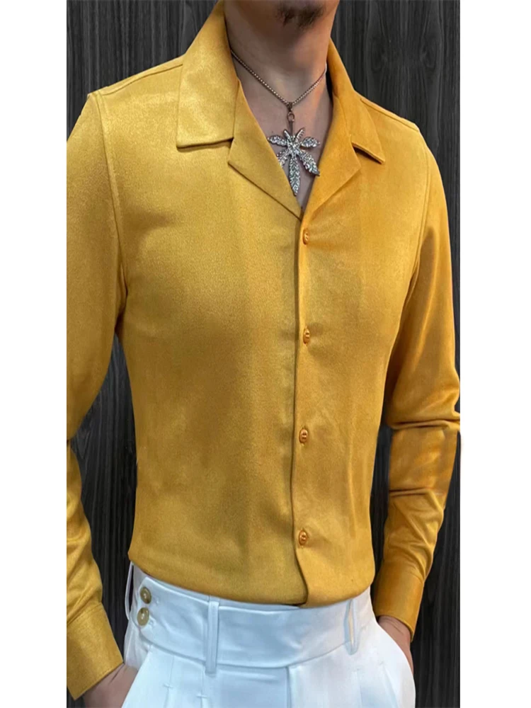 

Spring Cuban Collar Casual Long Sleeve Shirt For Men British Luxury Solid Color Business Formal Dress Camisa Hombre