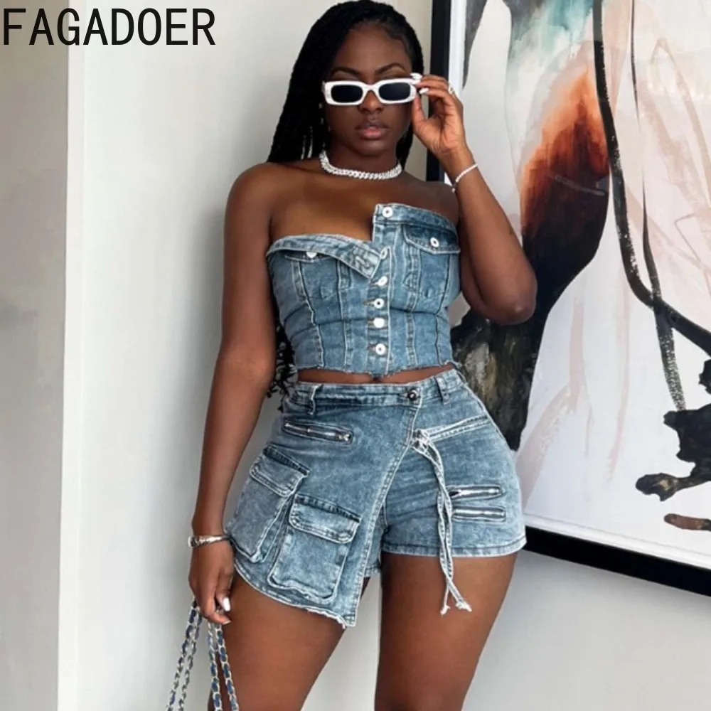 FAGADOER Fashion Denim Pocket Irregular Shorts Two Piece Sets Women Button Backless Slim Tube + Shorts Outfits Female Streetwear