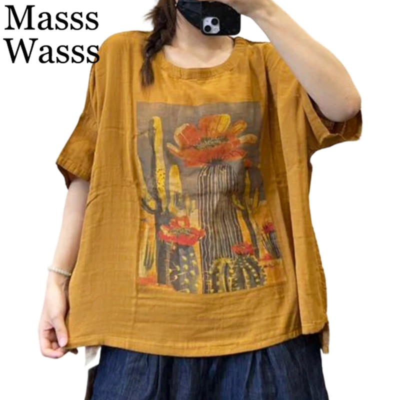 

Masss Wasss Korean Design Fashion Floral T-Shirts Ladies Summer Vintage Loose O Neck Tops Womens Classic Leisure Luxury Clothes