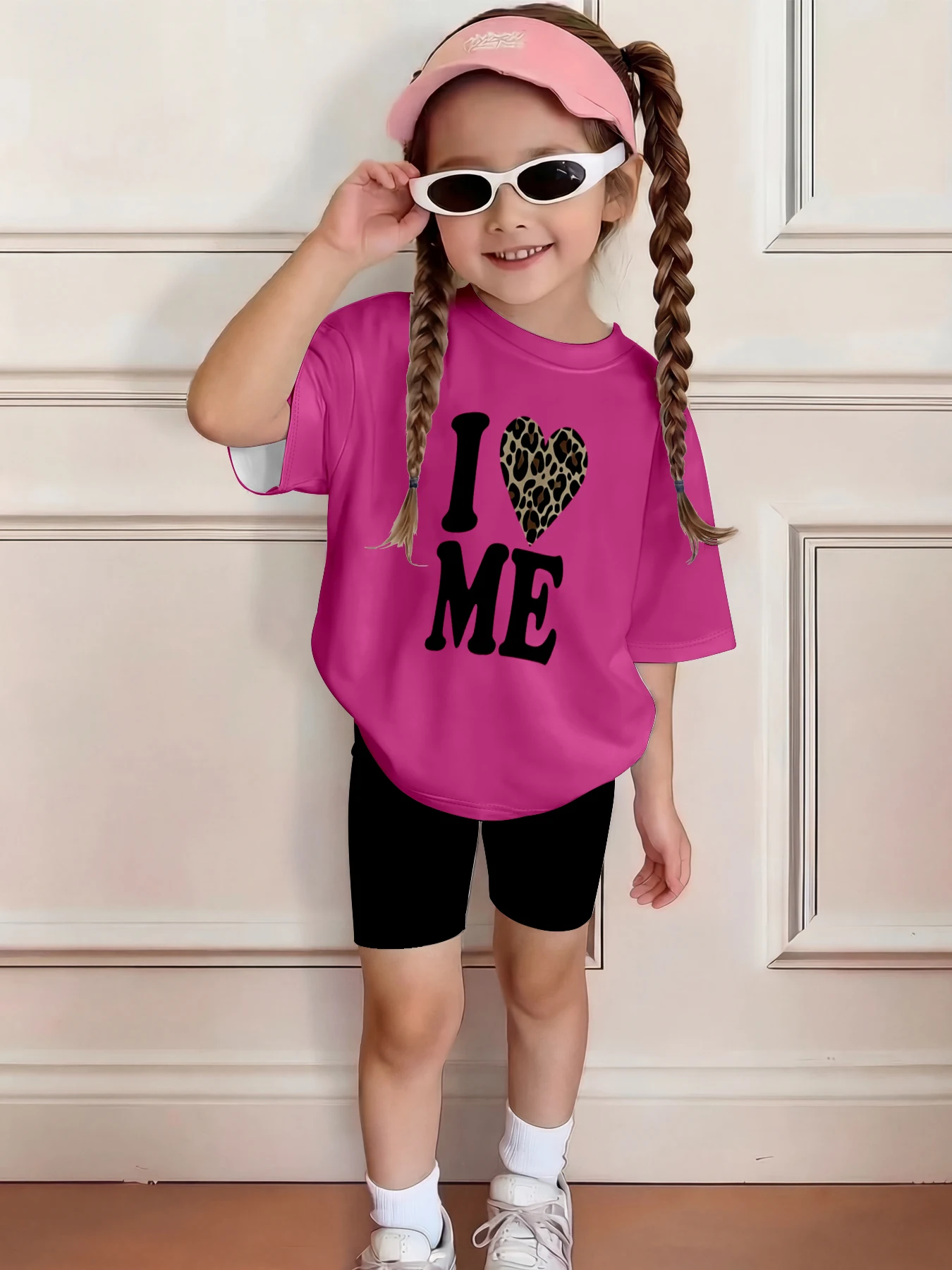 Kids I Love Me leopard print heart-shaped print casual 2-piece T-shirt and shorts suitable for birthday giving, comfortable casu