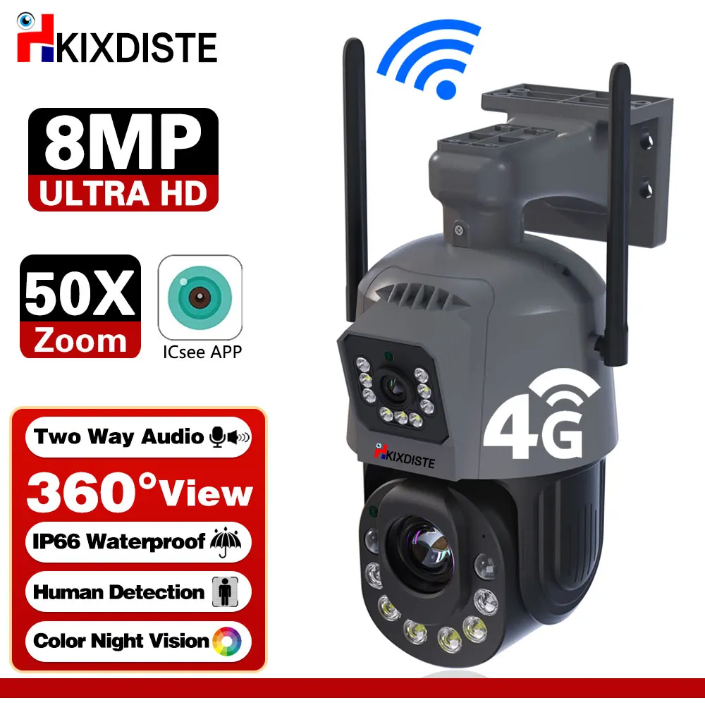 

ICSEE 4K 6MP 50X 30X Zoom WIFI Camera 4G PTZ Dual Lens Outdoor Came Human Detection Surveillance System XMeye Dual Screen Camera