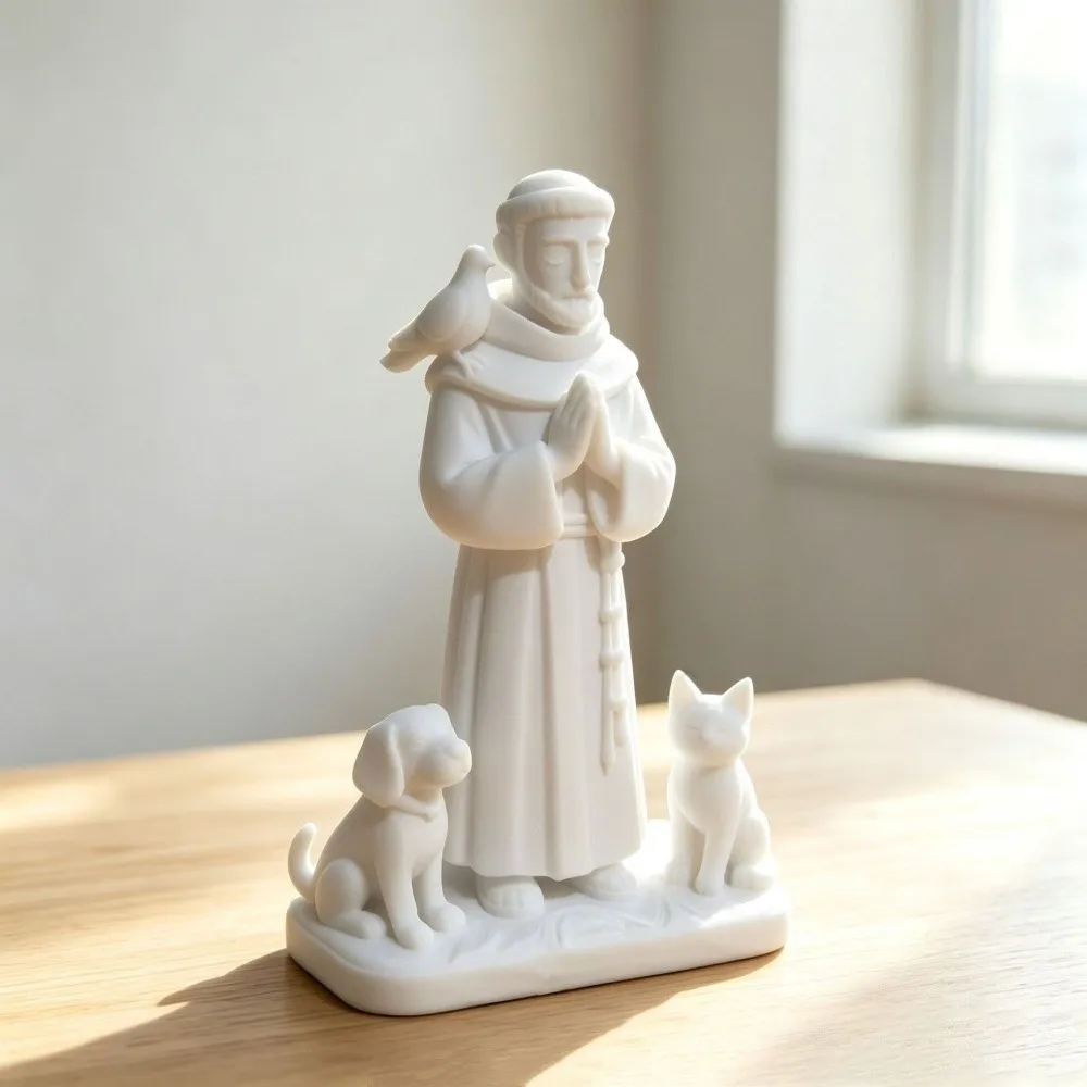 3D Printed Saint Francis Statue Praying Hand Pose Catholic Theme St Francis Sculpture Animal Companion Sacred