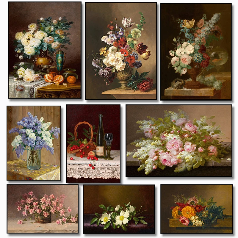 1pc frameless Canvas Painting Colorful Still Life Floral Art Rose Carnation Lily Vintage Poster Prints Canvas Painting Wall Art