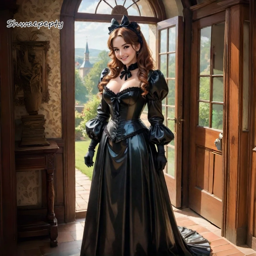 Vintage Viktorianisches Gothic-Korsett-Ballkleid mit Puffärmeln, bodenlang, aus Satin und PVC, Schwarz, Halloween-Party-Cosplay-Kostüm, maßgeschneidert
