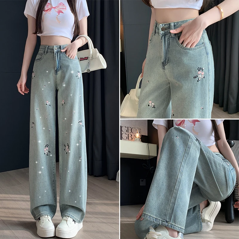 Real‑Shot New Chinese Style Embroidered Rhinestone Jeans for Women, Gradient High‑Rise Straight Wide‑Leg Denim Pants New Arrival