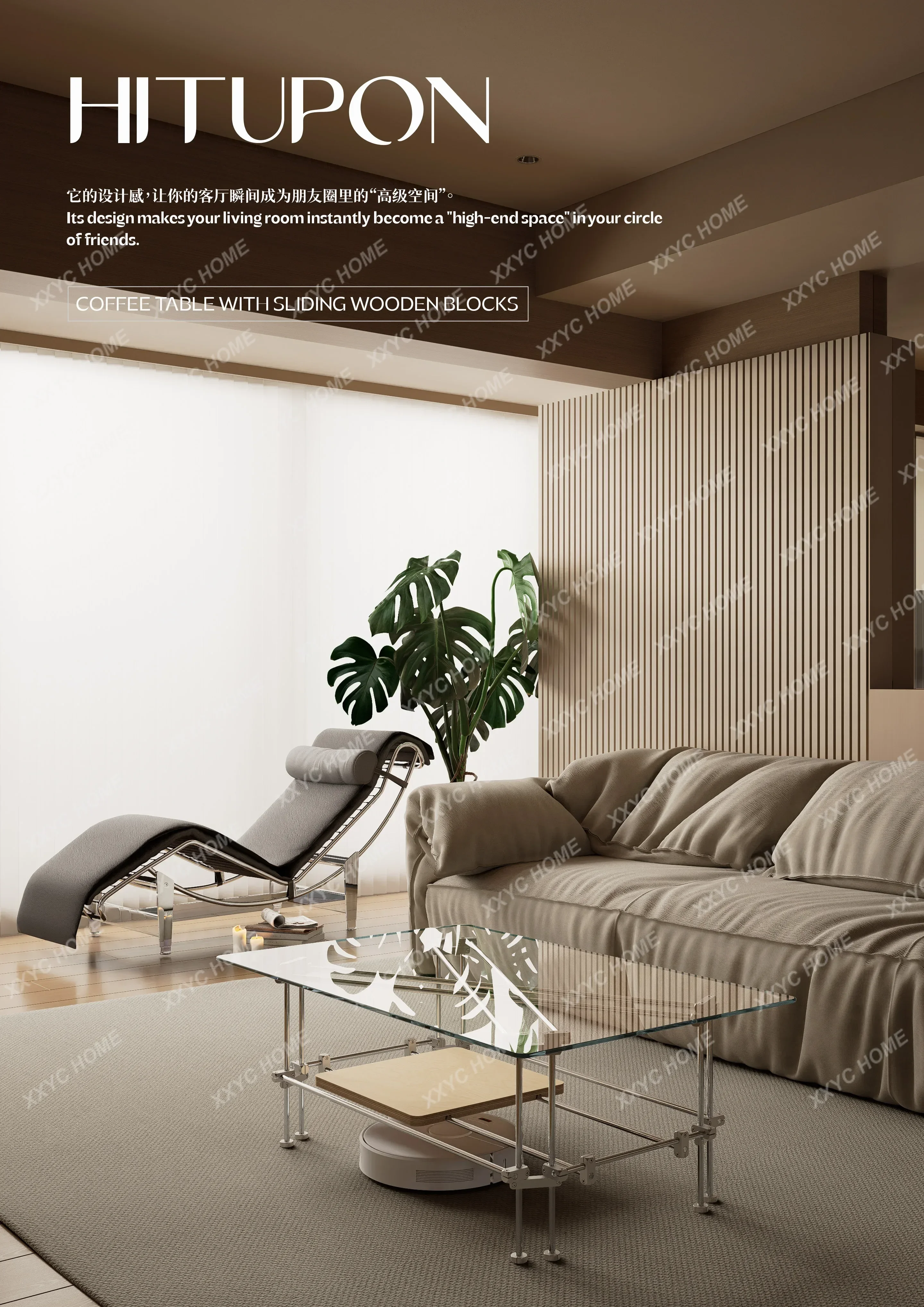 YYVv Double-layer Storage Square Coffee Table   Original Wooden Slider Stainless Steel Metal Glass Extremely Simple Table