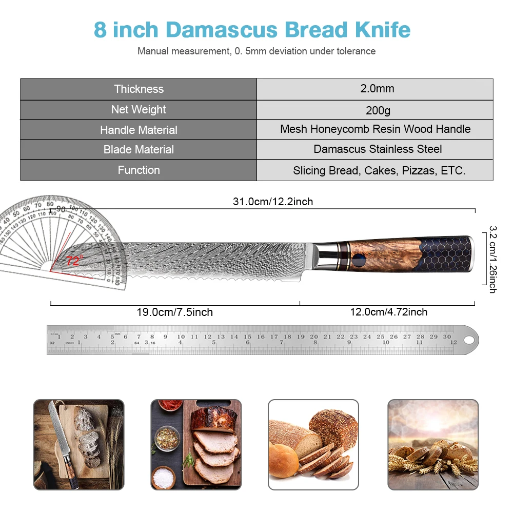 Bread Knife 8 inch, Serrated Bread Knife for Homemade Bread 67-layers VG10 Damascus Steel Blade, Japanese Bread Cake Knife