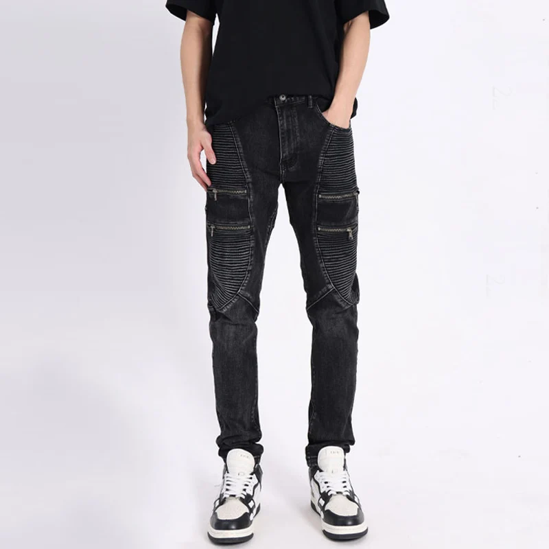 

Street Fashion Men Jeans Retro Black Gray Elastic Slim Fit Spliced Biker Jeans Men Zipper Designer Patched Hip Hop Pants Hombre