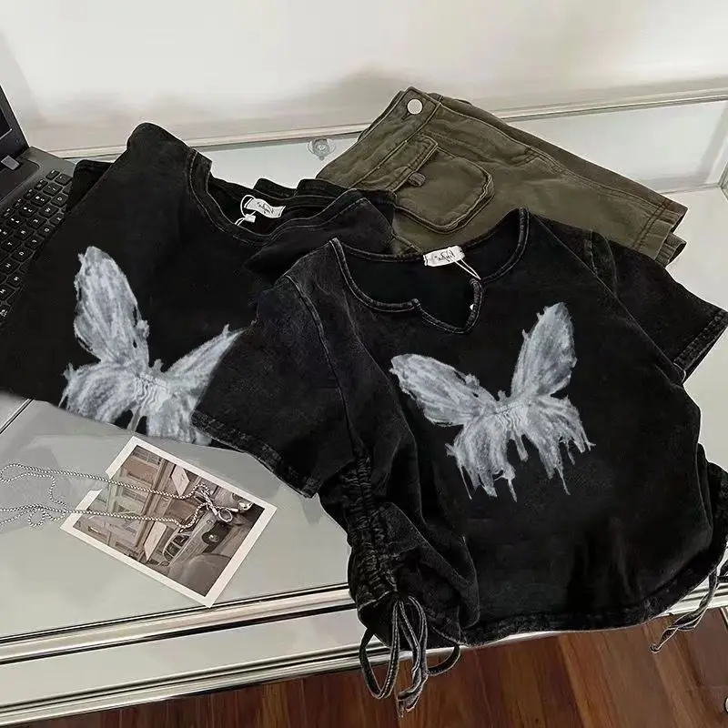Y2k Gewaschenes Schwarzes Crop-Top Kurzarm-T-Shirt für Damen mit Schmetterlingsdruck Sommer Vintage Kleidung Übergroße Crop-Tops mit Kordelzug – Detail 4