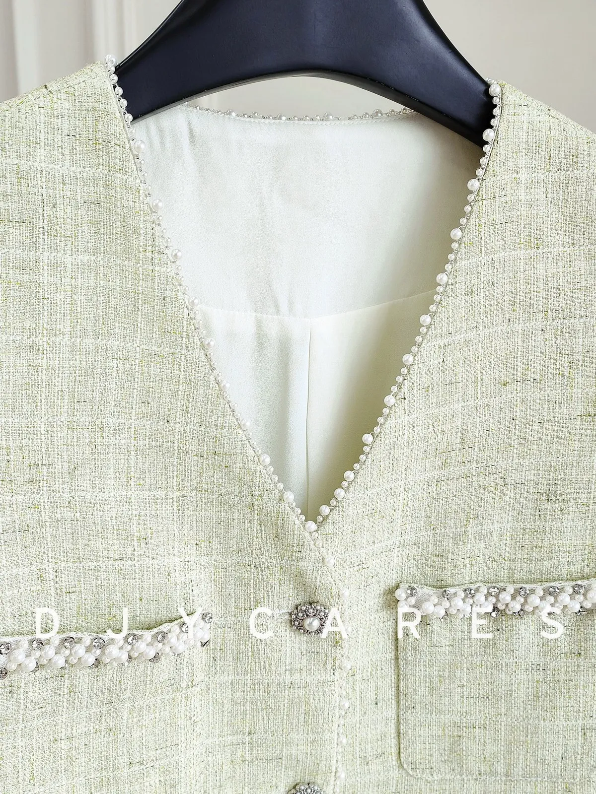 New Handmade beaded lace jacket, green V-neck short sleeved slimming top big size