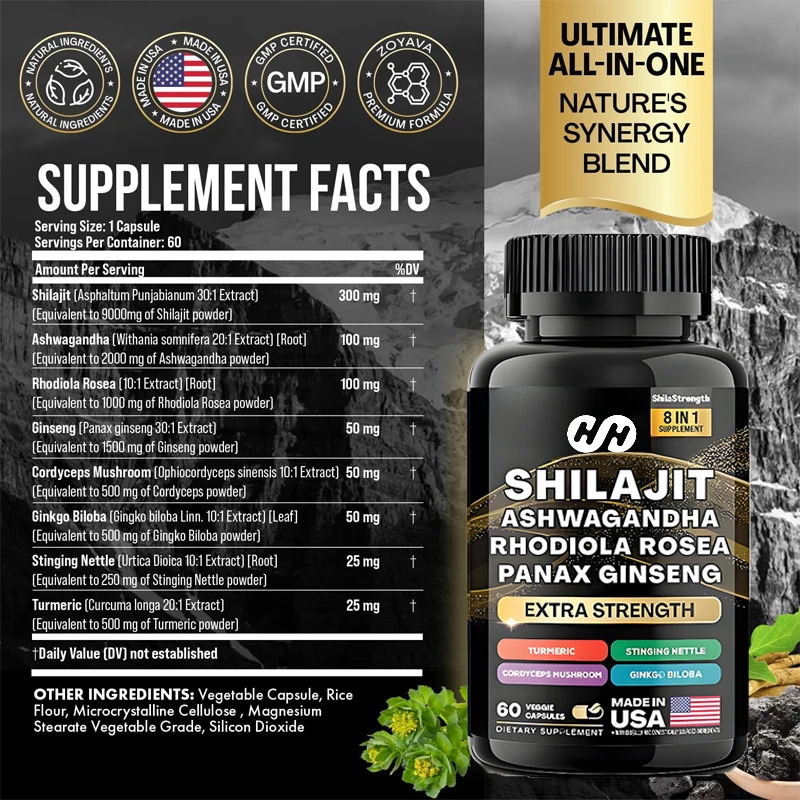 Shilajit Pure Himalayan Energy Booster Red Sedum,Ginseng,Turmeric,Ginkgo Biloba,Leaf Sting, Urtica, Cordyceps Sinensis, Mushroom