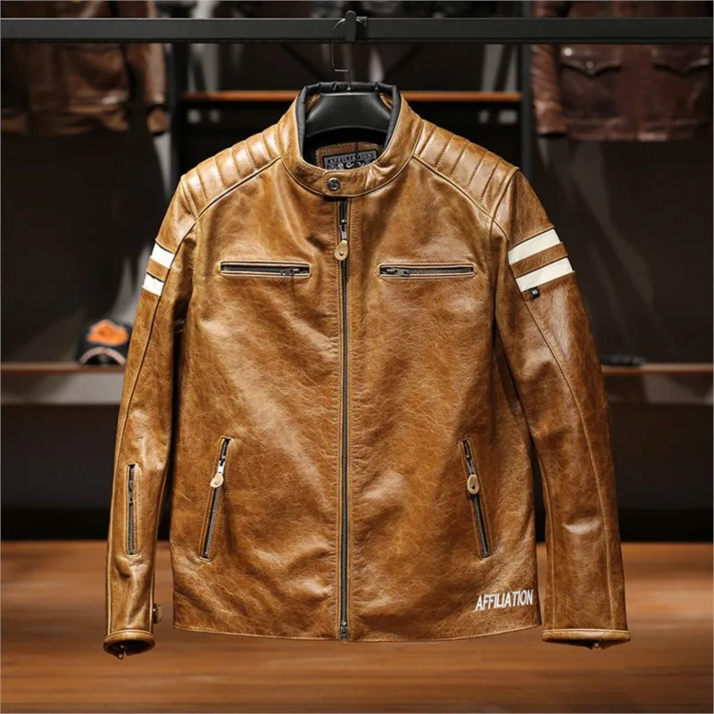 A men's two-bar motorcycle leather with top layer of cowhide