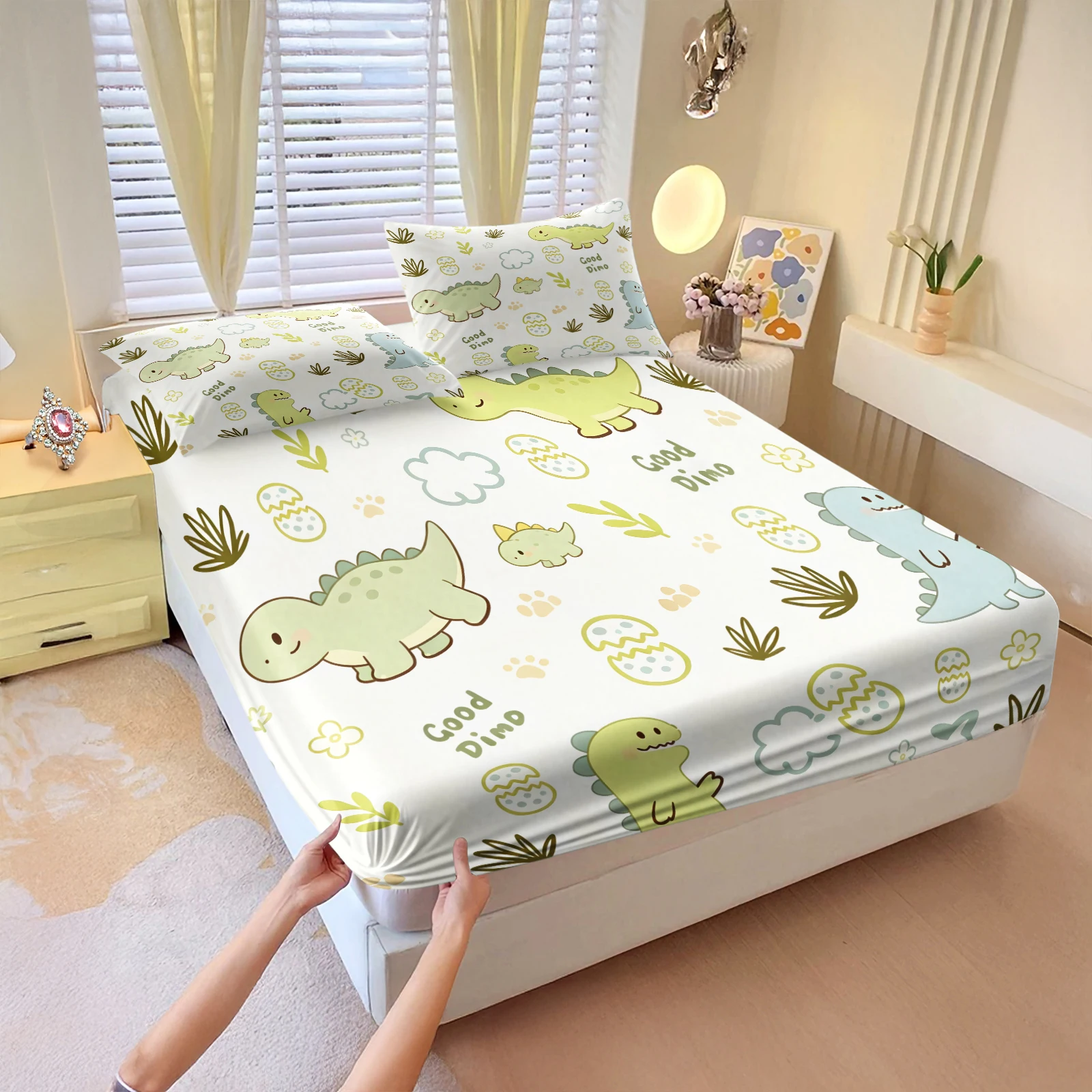 Cute Dinosaur Fitted Sheet Set Cartoon Dino Egg Print Bed Sheet With Deep Pocket Soft Polyester Mattress Cover With Pillowcases