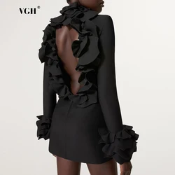VGH Solid Backless Slimming Short Dress For Women Round Neck Long Sleeve High Waist Spliced Ruffles Chic Dress Female Style New