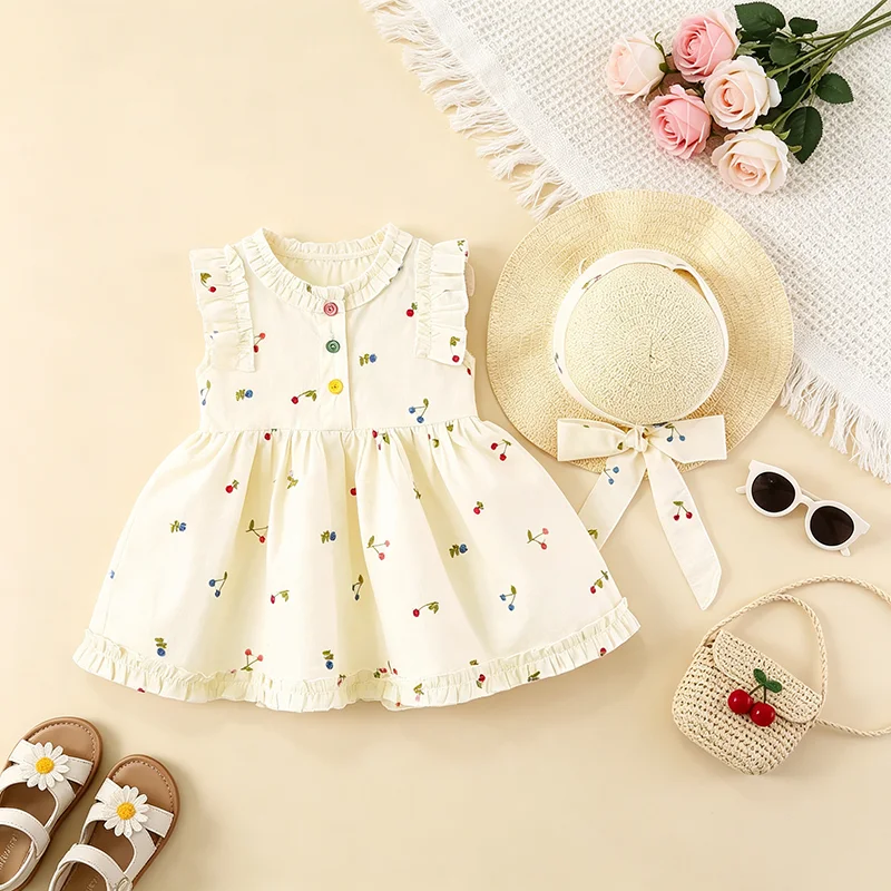 2Pcs/Set 0-4 Y Sweet Baby Girls Dresses Toddlers Sleeveless Summer Soft Clothing Colorful Dots Children Dress Adorable Kids Wear