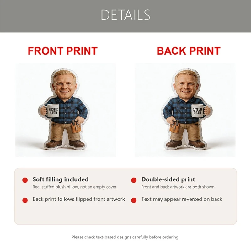 Custom Photo Shaped Pillow, Personalized Face with Plaid Shirt And Tool Belt Decorative Cushion, Unique Home Decor Accent for So