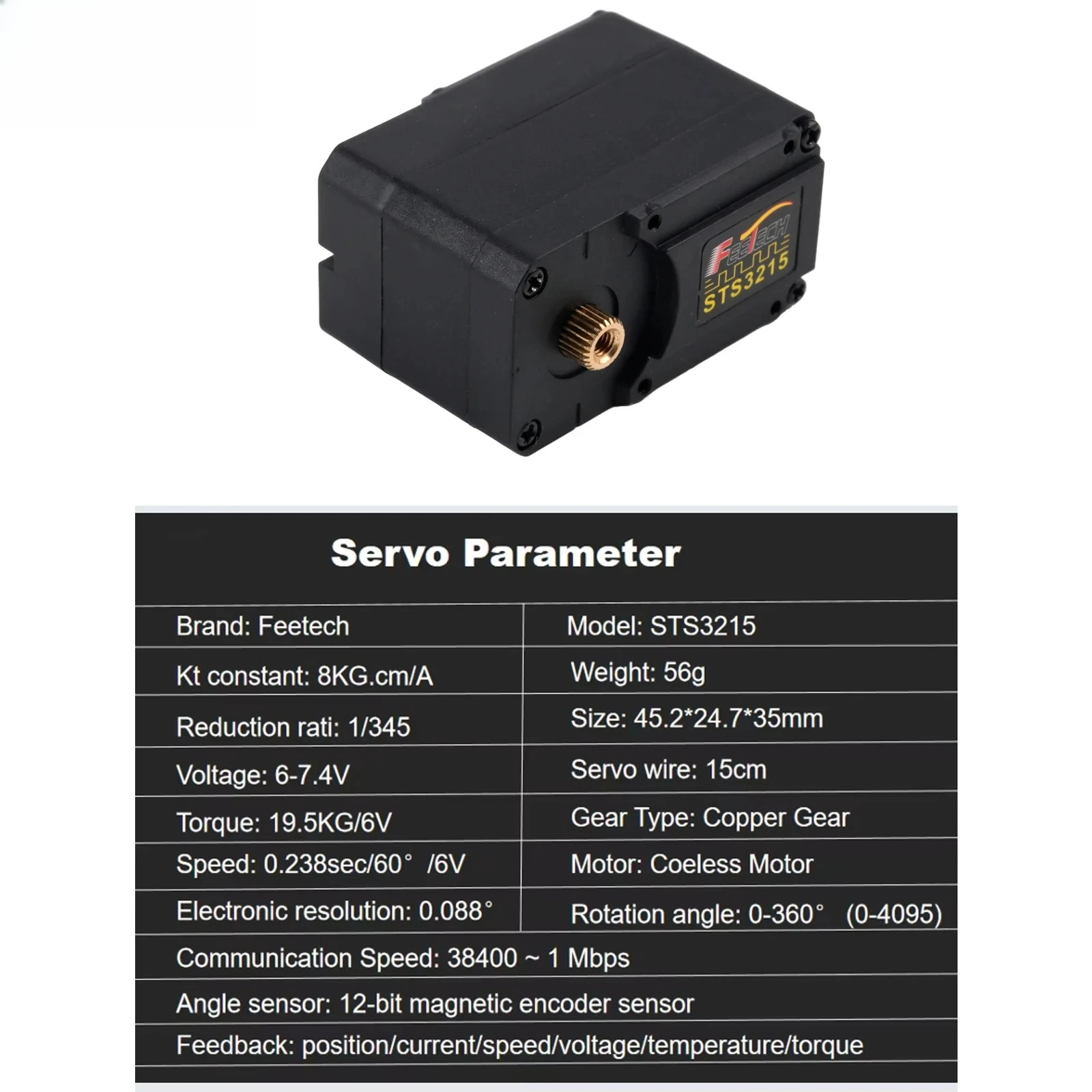 Feetech 7.4V 19KG Magnetic Encoding Servo 360 Degree ST-3215-C001 1:345 High Precision Serial Bus TTL Servos for Arduino Robot