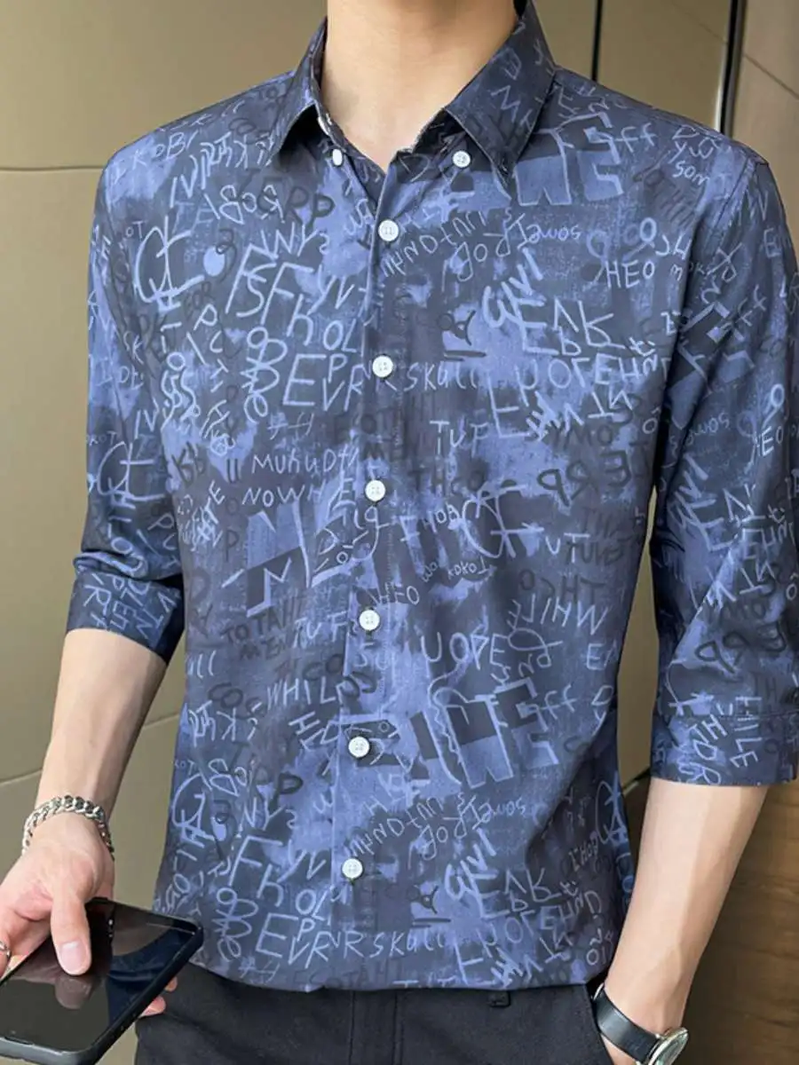 

Summer Thin Print irt Men's Mid-Sve Seven-Arm Trendy Korean Sle Casual Wear PU Material Spicy Sle Spring Autumn