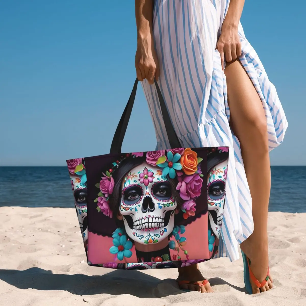 Day Of The Dead Sugar Skull Mexican Girl Beach Tote Bag Sport Gym Yoga Duffle Large Tote Bag Women Travel Bag Fitness bag