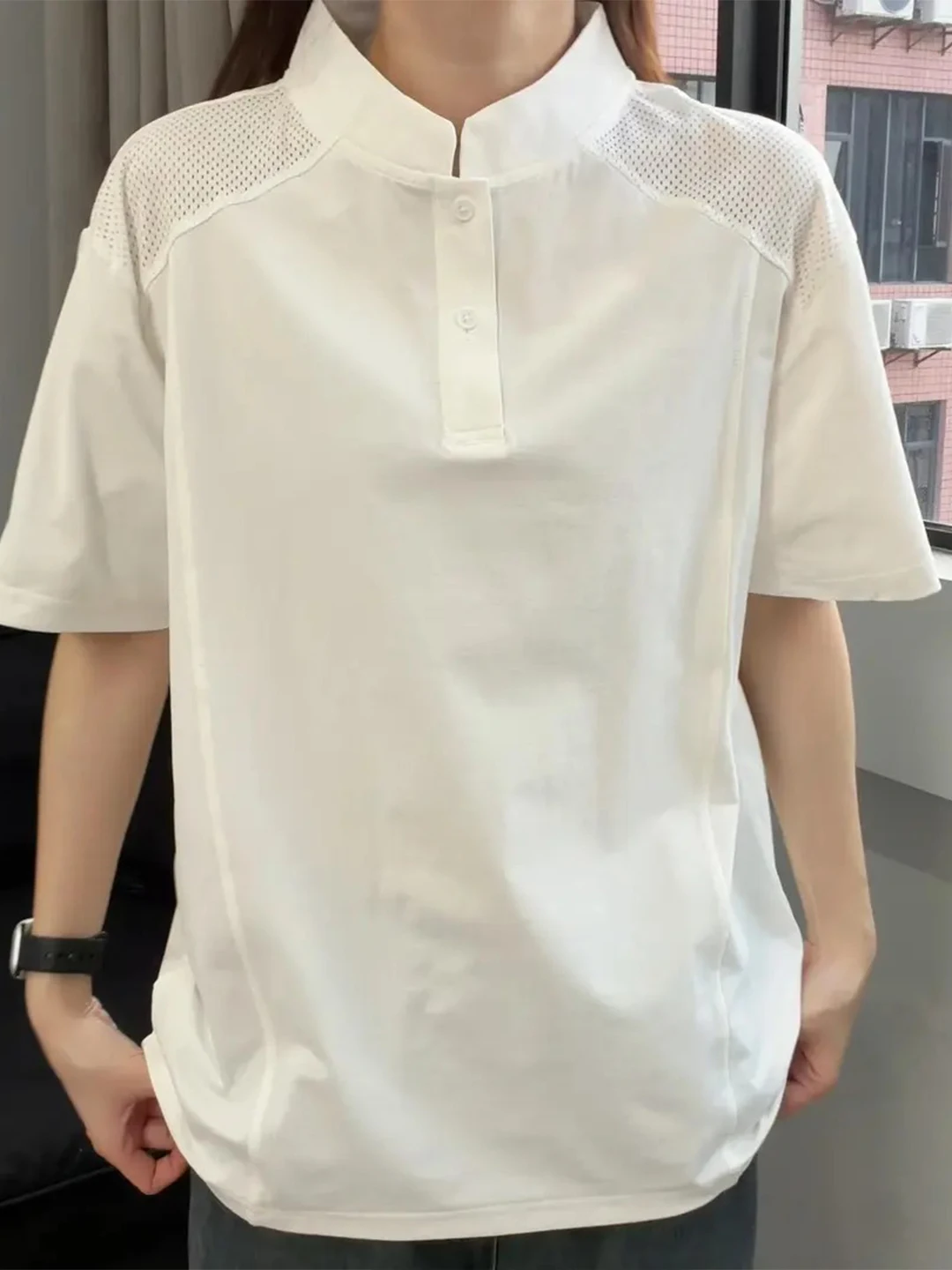 White Mesh Hollow Ice Silk T-Shirt Men's Summer Cool Quick Dry Henry Collar Short Sleeve Handsome Shoulder Level Half Sleeve Top