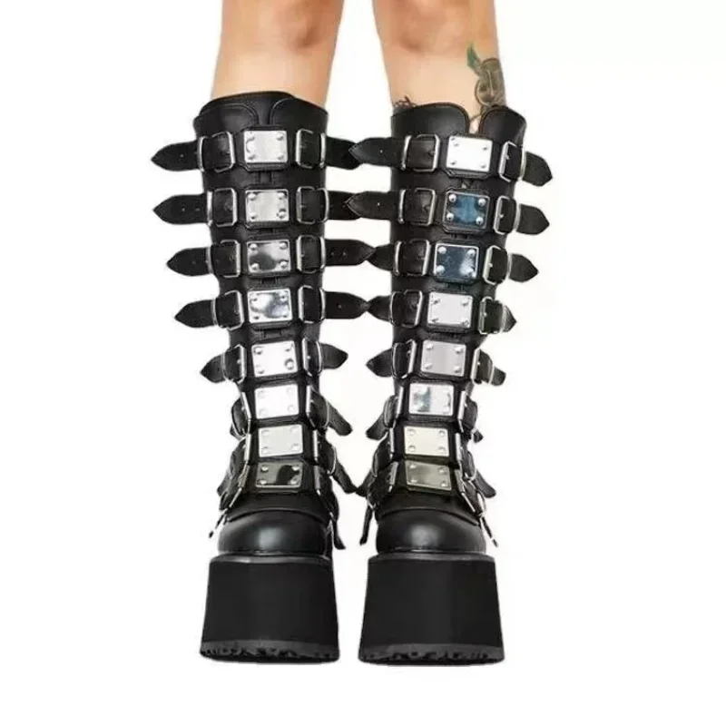 Trend Modern Knight Boots for Women Autumn Knee-high Platfom Boots Sexy Design Multi-buckle Super High Heels Street Ladies Shoes