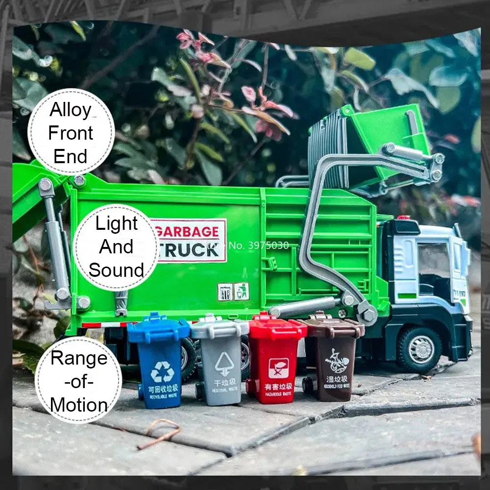 1:32 Garbage Collection Trucks Trailer Cars Models Toy Light Sound Pull Back Miniature Sanitation Engineering Vehicle Kids Gifts