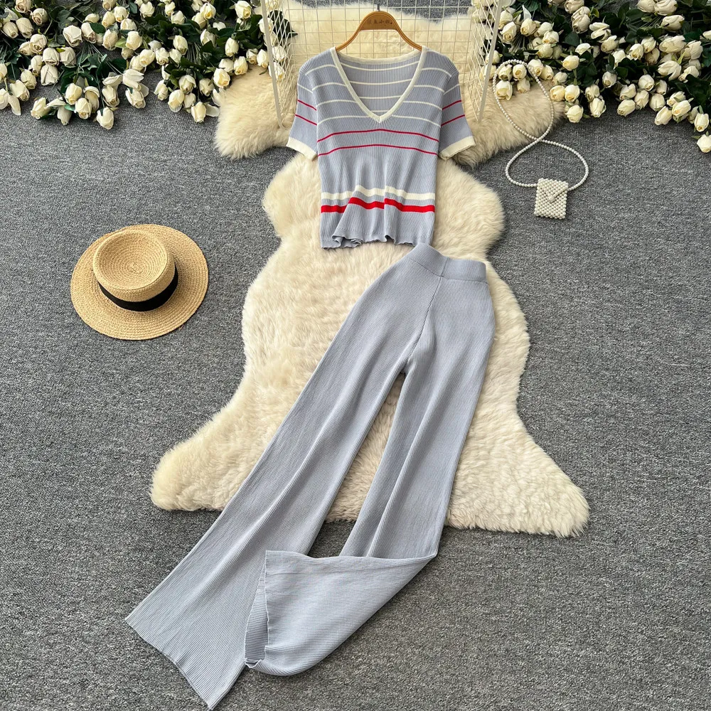 

Women Pant Set Two Piece Sets V Neck Short Sleeve Knit Tops Striped Wide Leg Long Pants Elastic Waist Y2k Streetwear Elegant