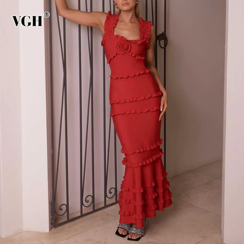 

VGH Solid Spliced Appliques Slimming Vintage Dresses For Women Camisole Sleeveless Backless High Waist Chic Dress Female Style