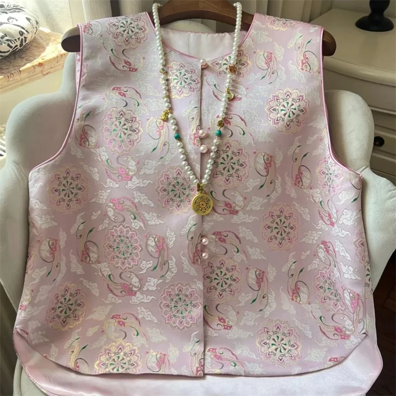 Women's Jackets Spring and Summer new Female Chinese Style Retro Pink flying Jade Rabbit Jacquard Joker Round Neck Vest Coat