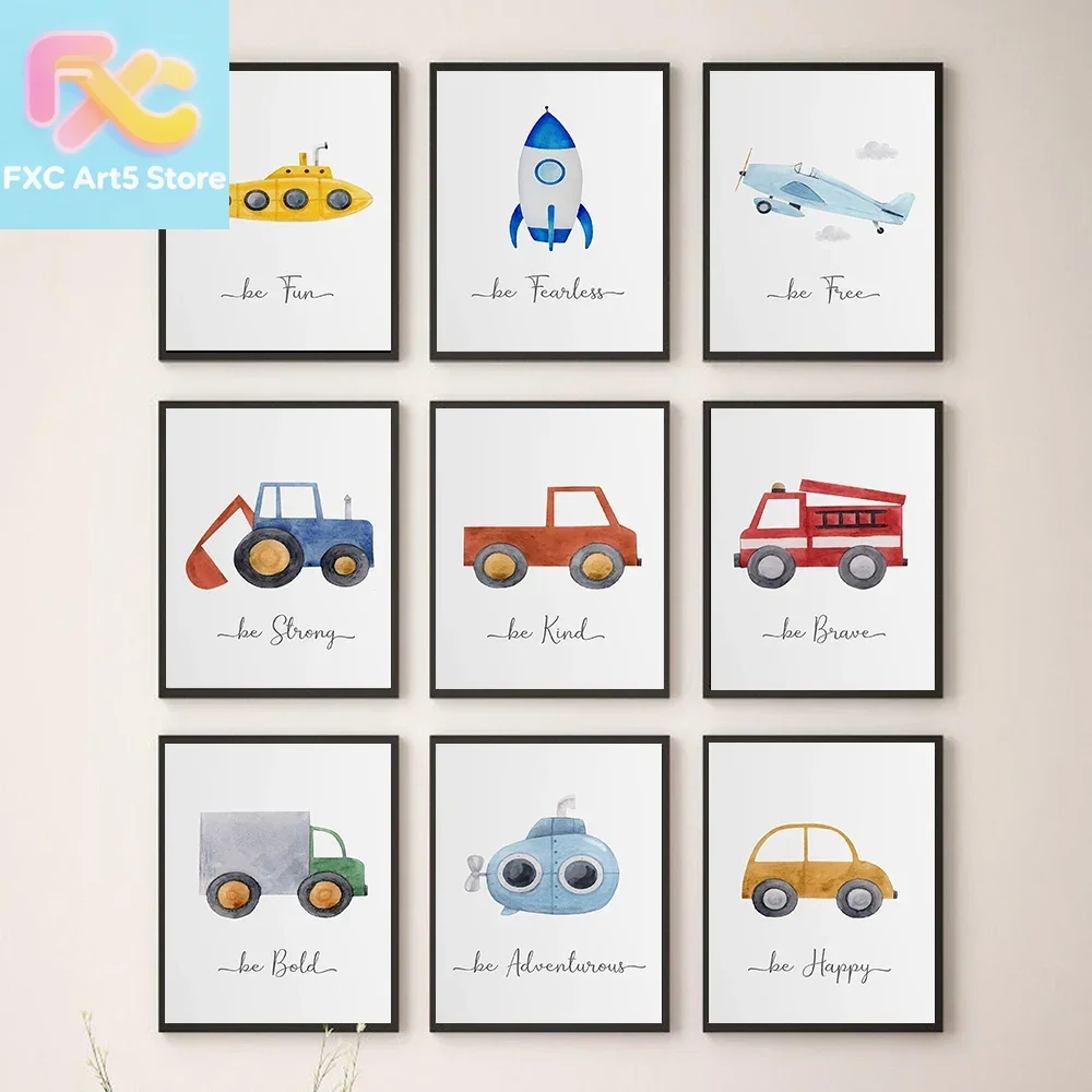 1pc frameless Cartoon Engineering Vehicle Aircraft Decorative Picture Poster Be Brave Be Strong Kindergarten Canvas Painting Wal