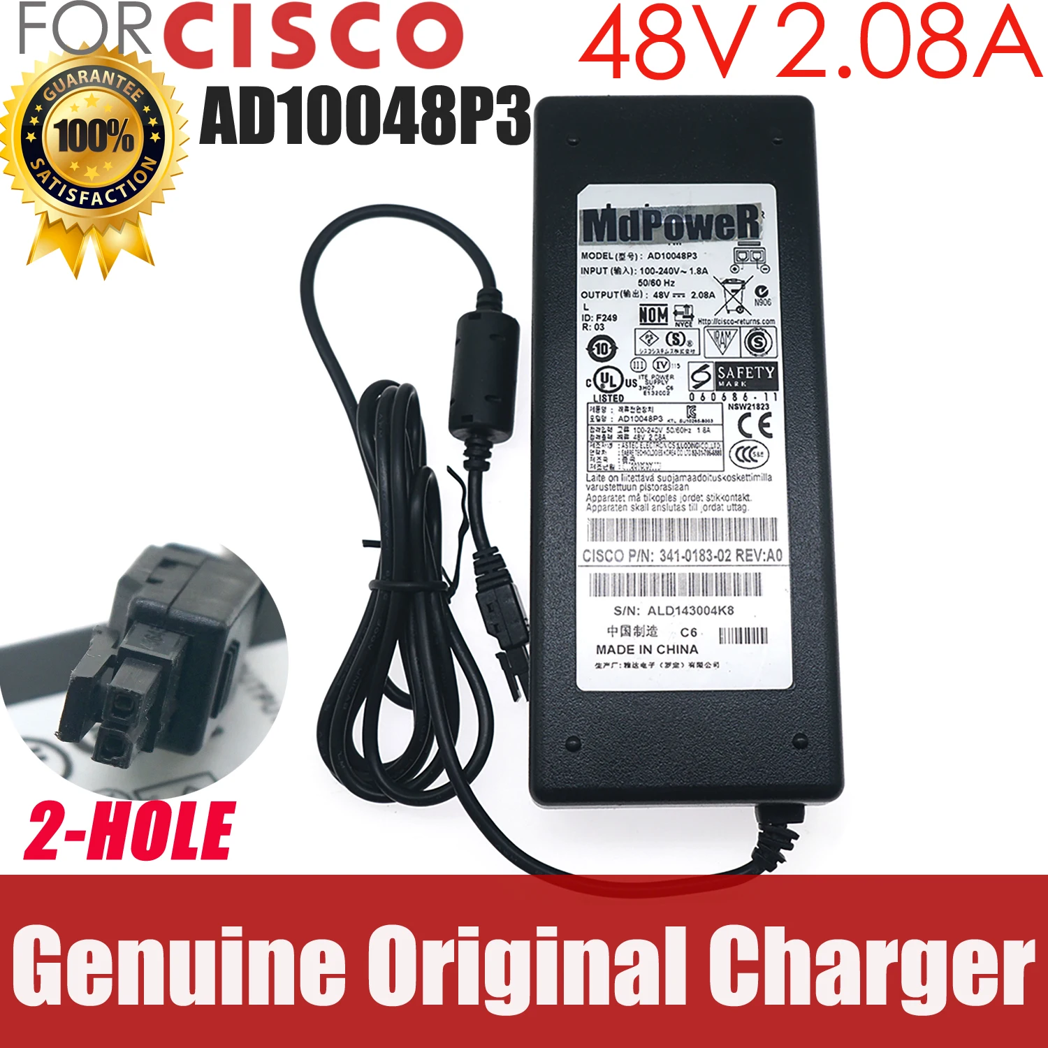 

Original AC/DC Adapter AD10048P3 48V 2.08A for CISCO ASA5505-PWR-AC WLC2106 ASA5505 341-0183-02 Firewall Charger Power Supply