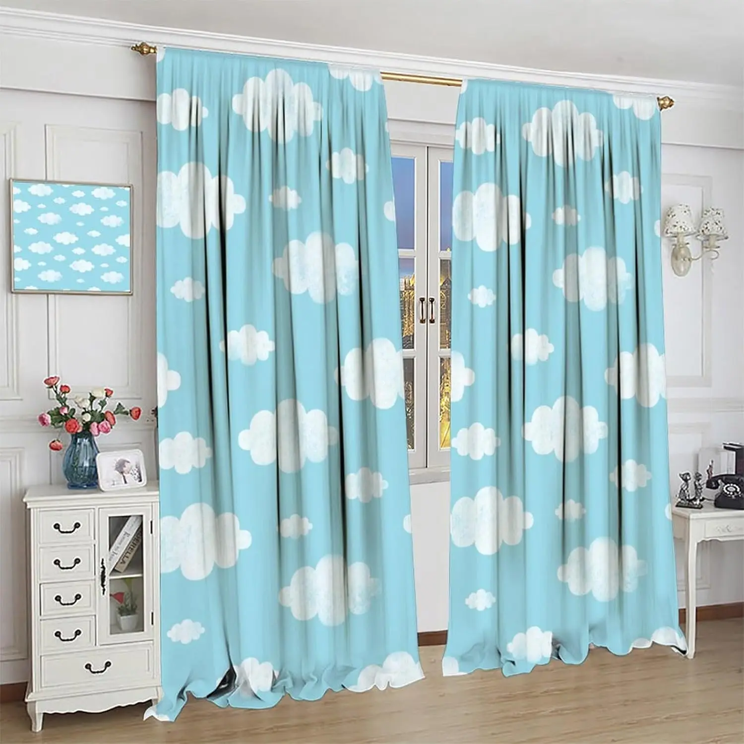 

Синие и белые шторы с облаками, милый мультяшный голубое небо, оконные шторы для мальчиков и девочек, декор для детской спальни, гостиной